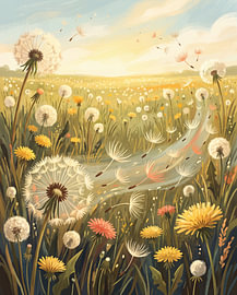 Whimsical Dandelion Meadow in Warm Golden Sunset Light by Berrivelle