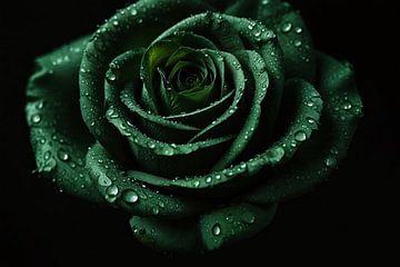 Donkergroene roos met dauw tegen zwart van De Muurdecoratie