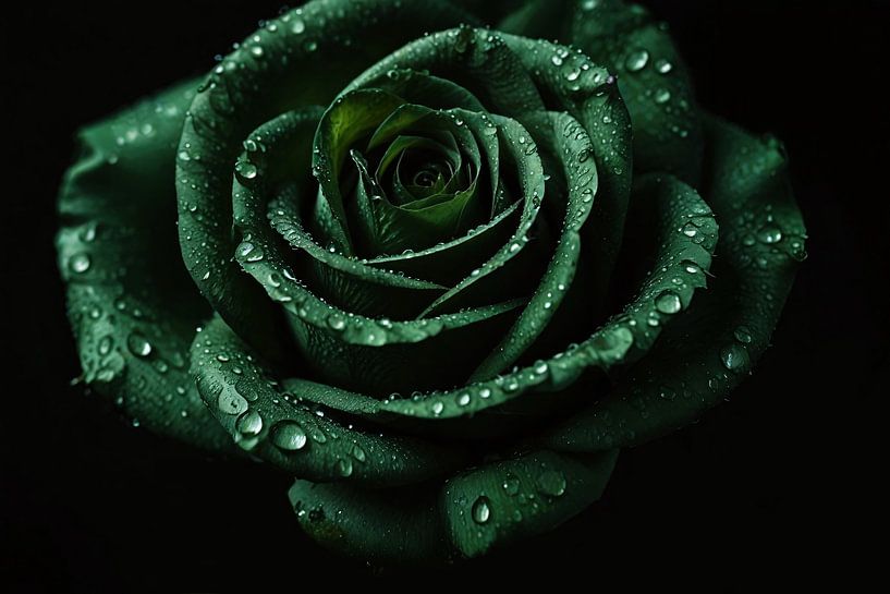 Dark green rose with dew against black by Art & Soul Creations