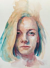 Portrait aquarellé avec du bleu sur Ron van Vliet