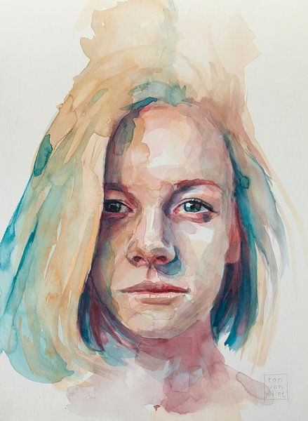 Watercolor portrait with blue by Ron van Vliet