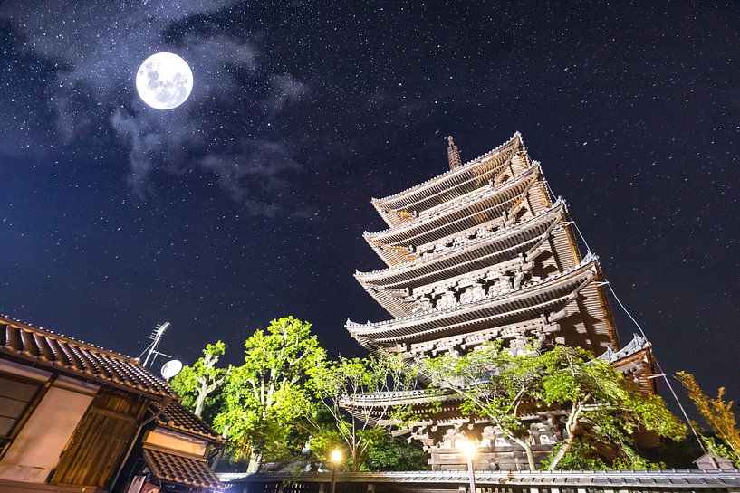 Oude Japanse tempel onder het schitterende maanlicht van Michiel Ton
