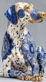 Hund in Delfter Blau und Gold auf weißem Marmorgrund von Gelissen Artworks
