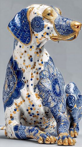 hond in delfts blauw en goud op een wit marmeren achtergrond