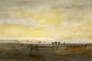 weitläufige braune Landschaft mit drei Bäumen
