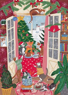 Poezen in het Raam met Besneeuwde Kerst in Heldere kleuren van Caroline Bonne Müller