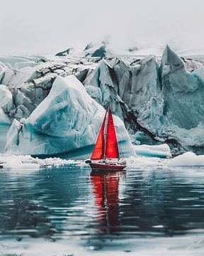 Drijvende ijsbergen, kleine boot van fernlichtsicht