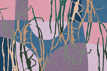 Moderne abstracte geometrische kunst met organische vormen. Gras in roze, blauw, paars van Dina Dankers