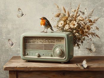 Een roodborst op een retro transistor radio