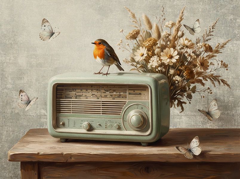 Ein Rotkehlchen auf einem Retro-Transistorradio von Emiel de Lange