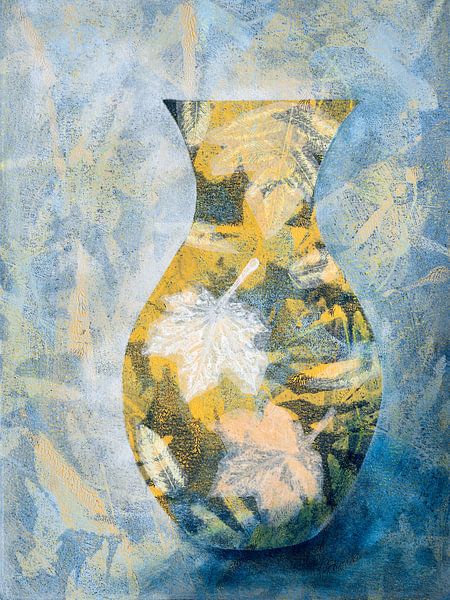 Blue-yellow vase with leaf pattern on abstract background by Lida Bruinen