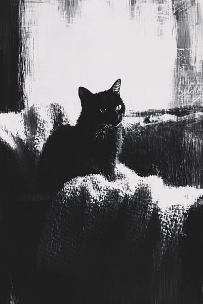 Chat sur tissu écossais en noir et blanc par Art & Soul Creations