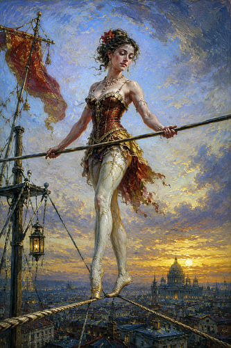 A colourful painting of an elegant tightrope walker.