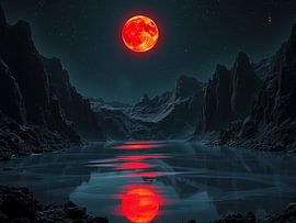 Crimson Celestial Reflection: Eine gespenstische Vision eines Blutmonds über ruhigen kosmischen Gewässern von Artistic