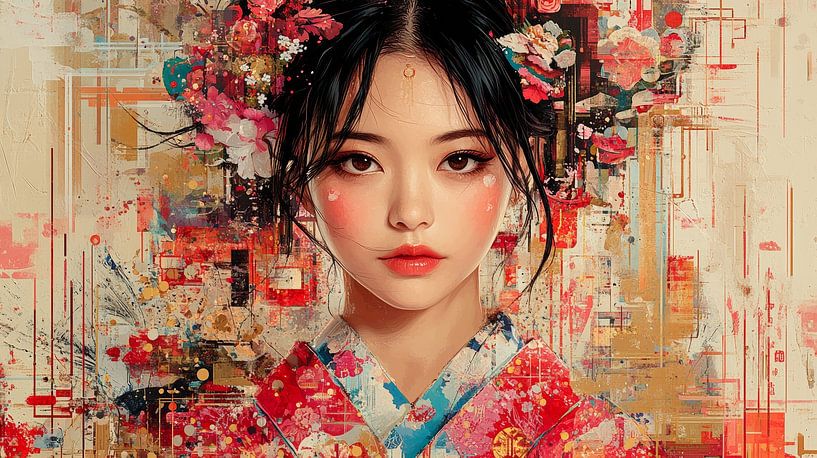 Japanische Frau im roten Kimono von Lufy