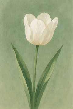 Witte Tulp in Stil Groen – Tijdloze Eenvoud in Aquarel van But First Framing