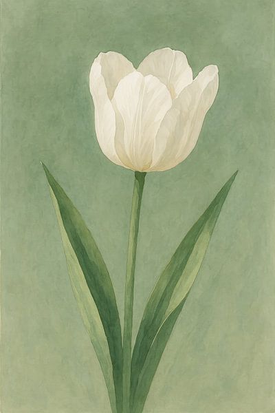White Tulip in Silent Green - Timeless Simplicity in Watercolour by But First Framing