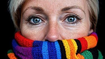 Woman with rainbow scarf by Frank Heinz