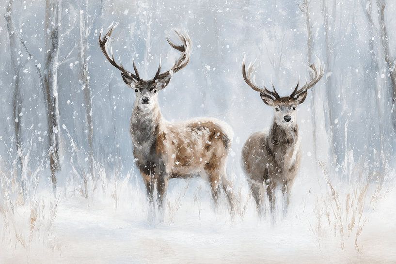 Deer in Snowy Forest Silent and Majestic Winter Picture by Eva Lee