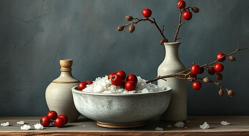 Ein klassisches Stilleben aus Keramik, gefüllt mit Salz und roten Beeren. von J.a Dijkstra
