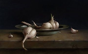 Garlic in tin dish by annemiek art