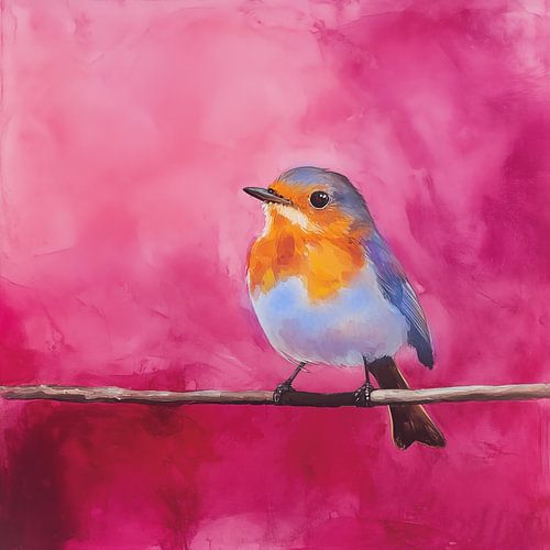 Roodborst vogel acryl artistiek roze