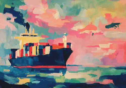 Expressief containerschip op een kleurrijke zee