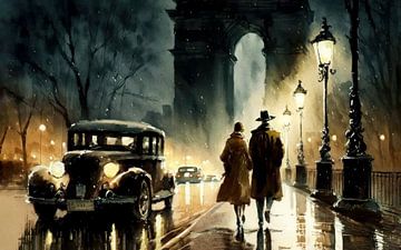 Paris im Regen 1950 Aquarell von Preet Lambon