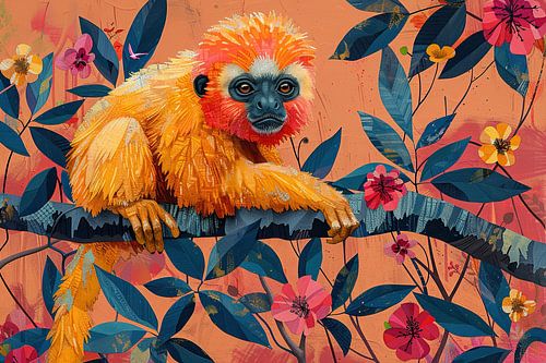 Singe en orange parmi les fleurs