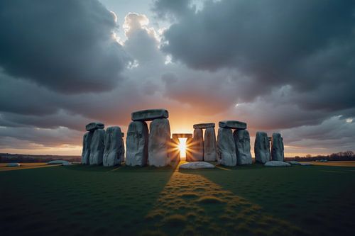 De zon schijnt door Stonehenge tijdens een dramatische zonsondergang