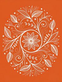 Handgezeichnetes florales Mandala Kunstdruck: Kompliziertes weißes botanisches Design auf einem kräftigen orangenen Hintergrund von Artistic