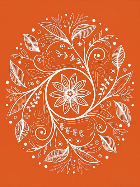 Impression d'art Mandala floral dessiné à la main : Motif botanique blanc complexe sur fond orange vif par Artistic