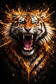 Poster „Brüllender Feuer-Tiger in Orange – Flüssigkeitsspritzer – Wildtier“ von Faheem Beigh