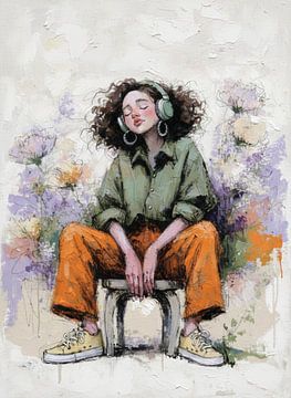 Young Woman Listening to Music With Headphones Sitting in a Floral Illustration Portrait