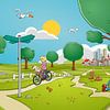 Vrolijk zomerlandschap panorama met diverse illustratieve elementen. van Galerie Ringoot