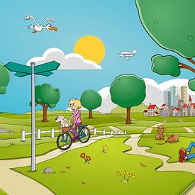 Vrolijk zomerlandschap panorama met diverse illustratieve elementen. van Galerie Ringoot