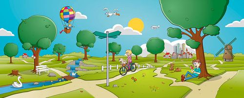 Vrolijk zomerlandschap panorama met diverse illustratieve elementen.