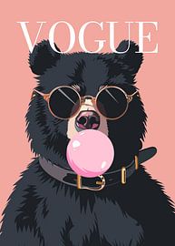 Bear stylish wearing sunglasses blowing pink bubble gum vogue poster by Cross