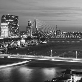 Skyline von Rotterdam kurz nach Sonnenuntergang in Schwarz-Weiß (16:9) von Daan Duvillier | Dsquared Photography