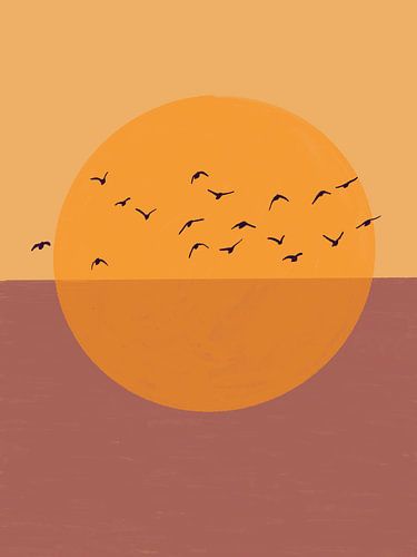 Africa series landscapes orange sun with sea and birds