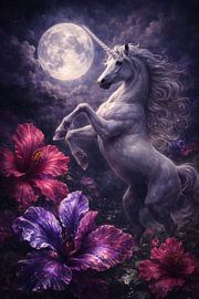 Magical White Unicorn - Horse Moon Fantasy Art by Faheem Beigh