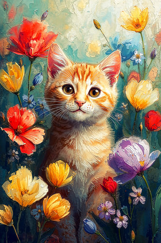 Orangefarbene Tabby-Katze zwischen den Blumen