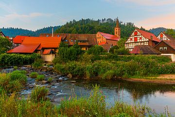 Half-timbered houses in Schiltach at sunrise