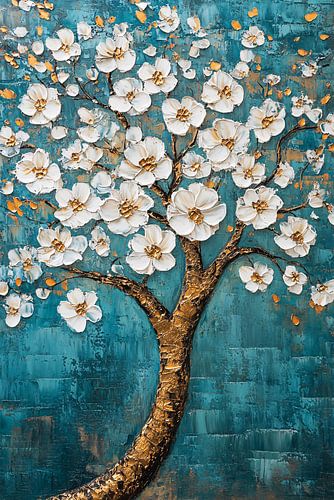 Boom met witte bloesems schilderij