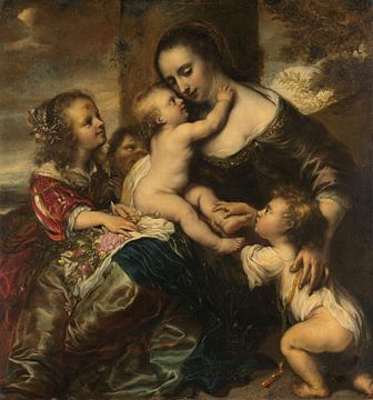 Portret van een vrouw met vier kinderen, afgebeeld als Caritas, Jürgen Ovens