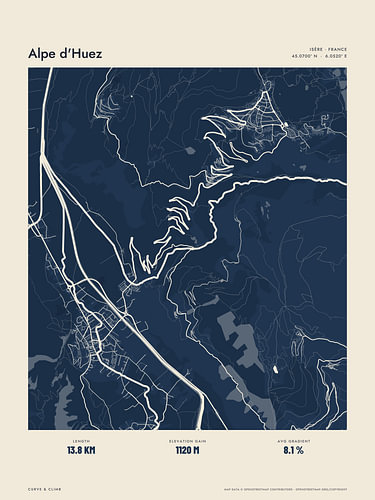 Alpe d'Huez and its 21 hairpins, in navy