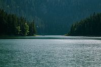 Roeiboot in Black Lake in Zabljak, Durmitor, Montenegro. Rustig kabbelend in de onheilspellende omgeving.