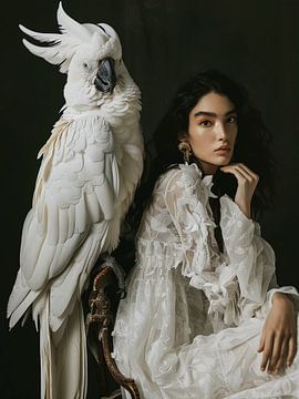 Witte papegaai en een vrouw van haroulita