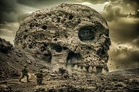 Soldiers standing in front of a shattered skull