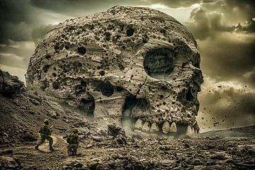 Soldaten stehen vor einem zertrümmerten Schädel von Luc V. de Zeeuw